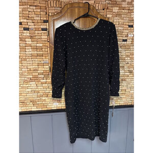 Vintage 80’s NWT ET AL Black Gold Beaded Embellished V-Back Wool Mid Dress 12